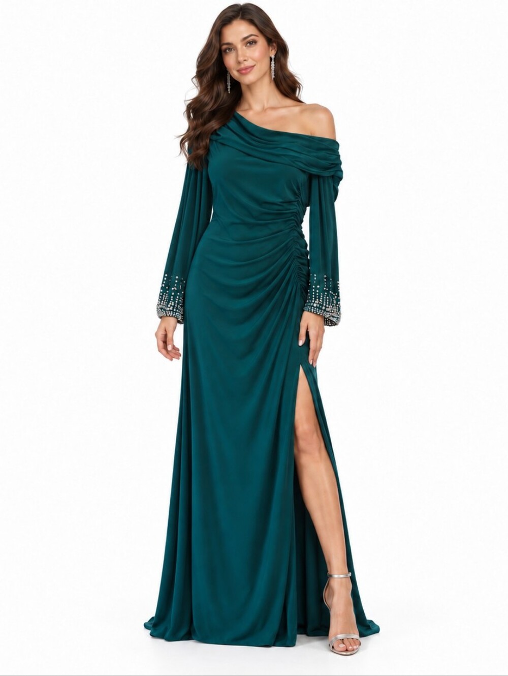 Mac Duggal Green One-Shoulder Evening Gown with Beaded Cuffs